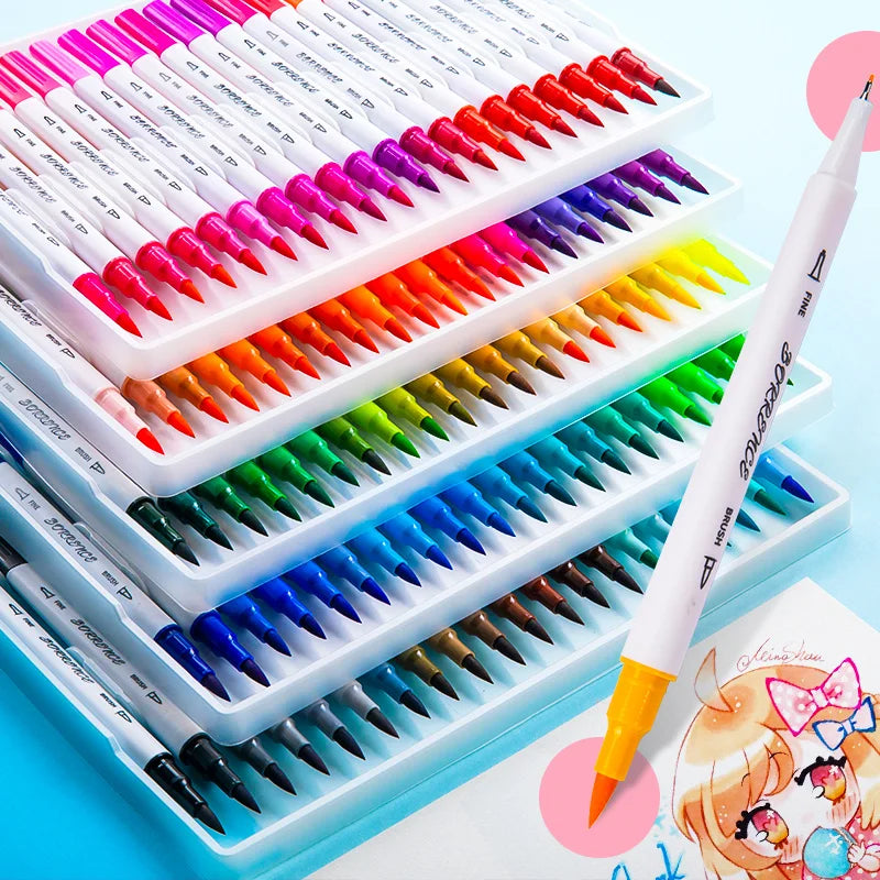 12-100 Water Color Pens Set Markers Double Head Brush Drawing Aesthetic Professional Manga Kids School Art Supplies Stationery